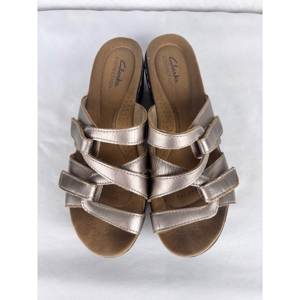 Clarks Collection Metallic Strappy Wedge Slide Sandals Sz 8.5 Comfort Walking